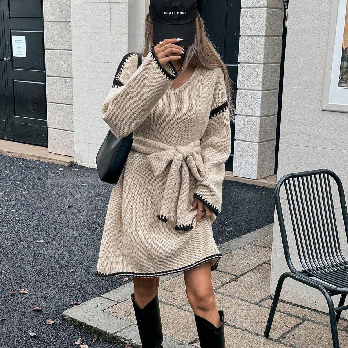 Sweater Dress Women - Belted V-Neck with Long Sleeves