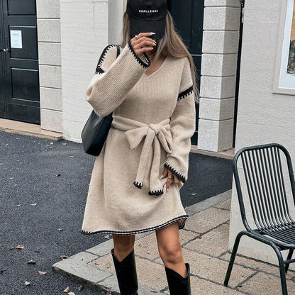 Sweater Dress Women - Belted V-Neck with Long Sleeves