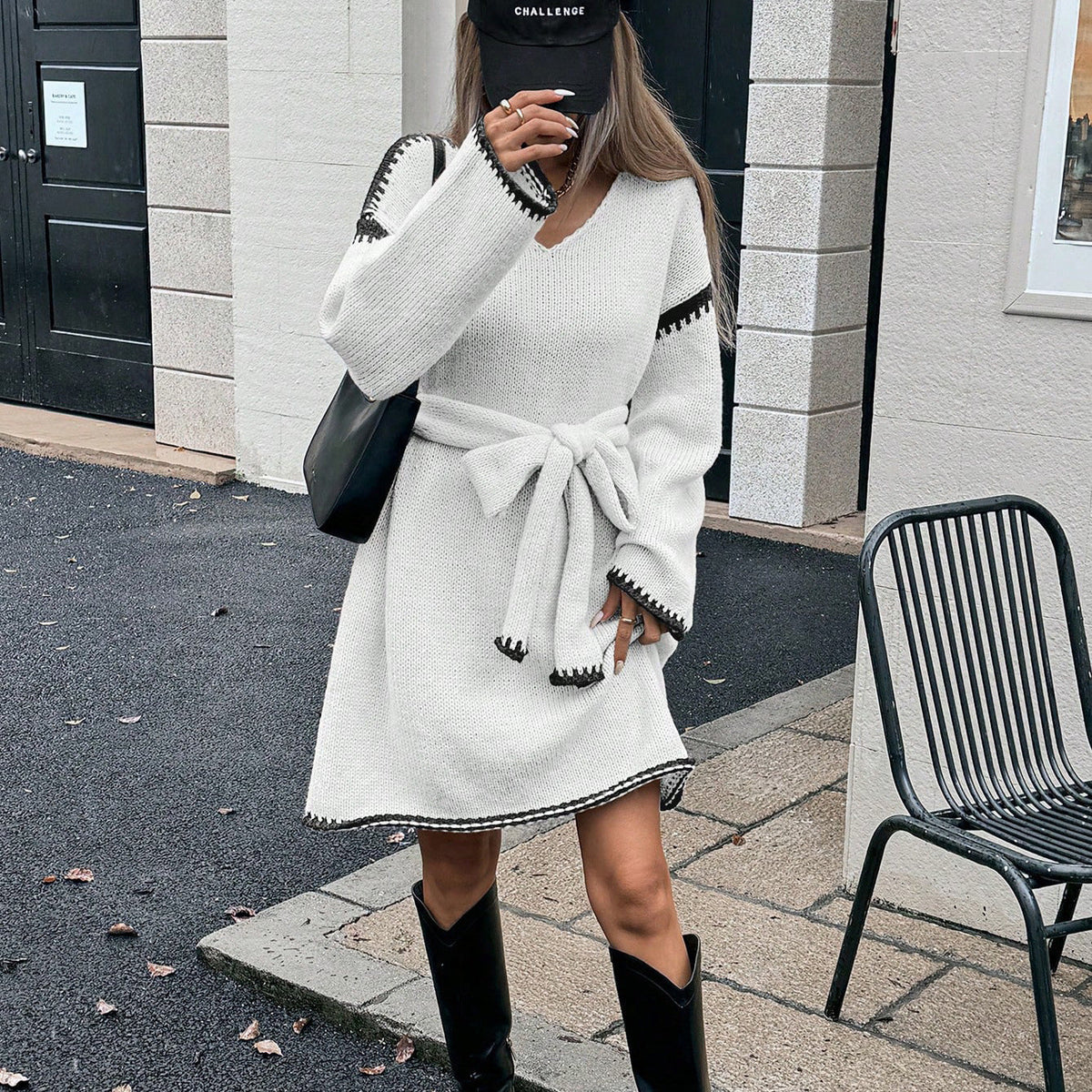 Sweater Dress Women - Belted V-Neck with Long Sleeves