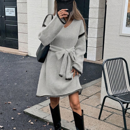 Sweater Dress Women - Belted V-Neck with Long Sleeves