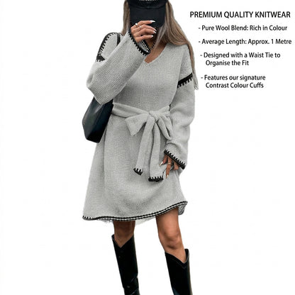 Sweater Dress Women - Belted V-Neck with Long Sleeves