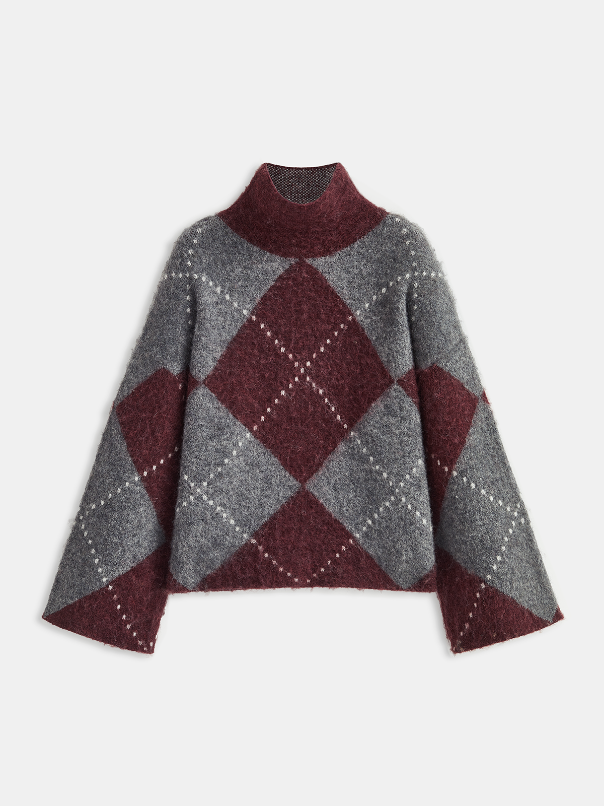 Sweater Women - Argyle Turtleneck Jumper with Diamond Pattern and Wide Sleeves