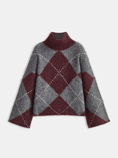 Sweater Women - Argyle Turtleneck Jumper with Diamond Pattern and Wide Sleeves