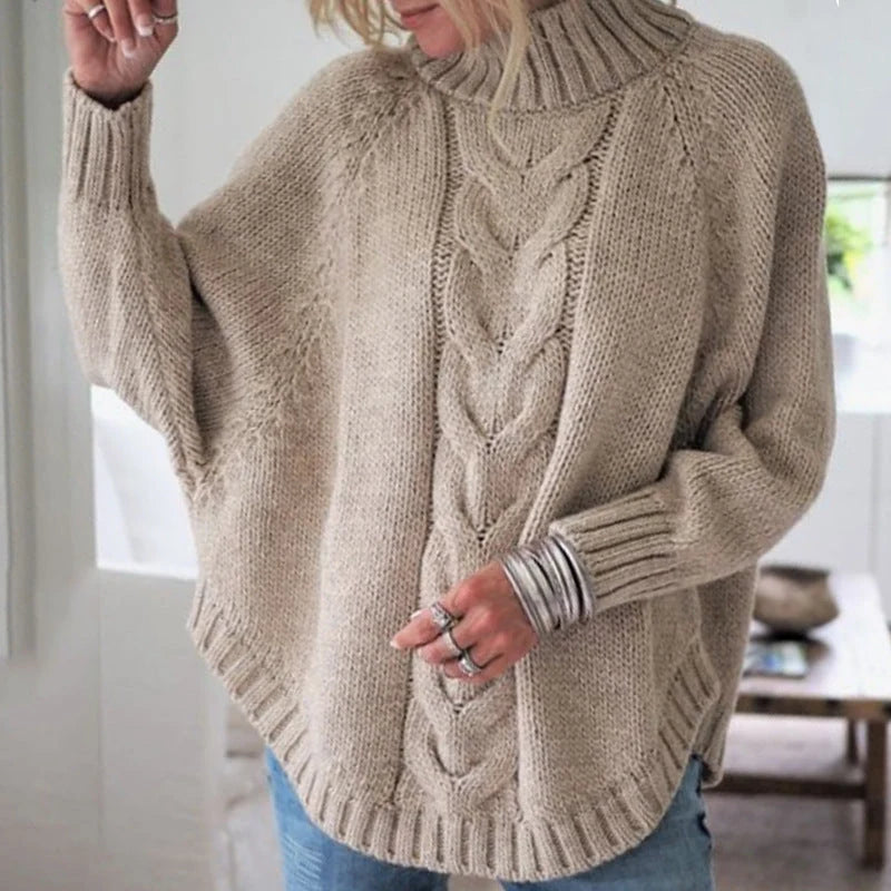Sweater Women - Cable Knit Turtleneck with Batwing Sleeves