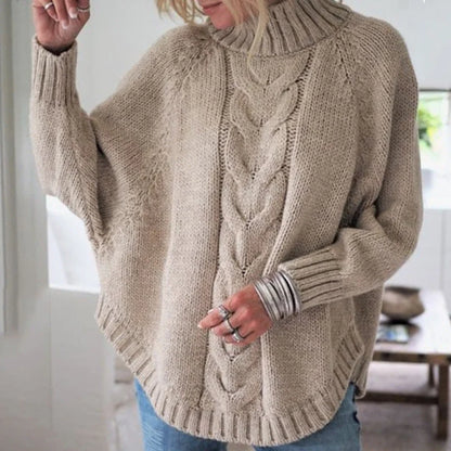 Sweater Women - Cable Knit Turtleneck with Batwing Sleeves