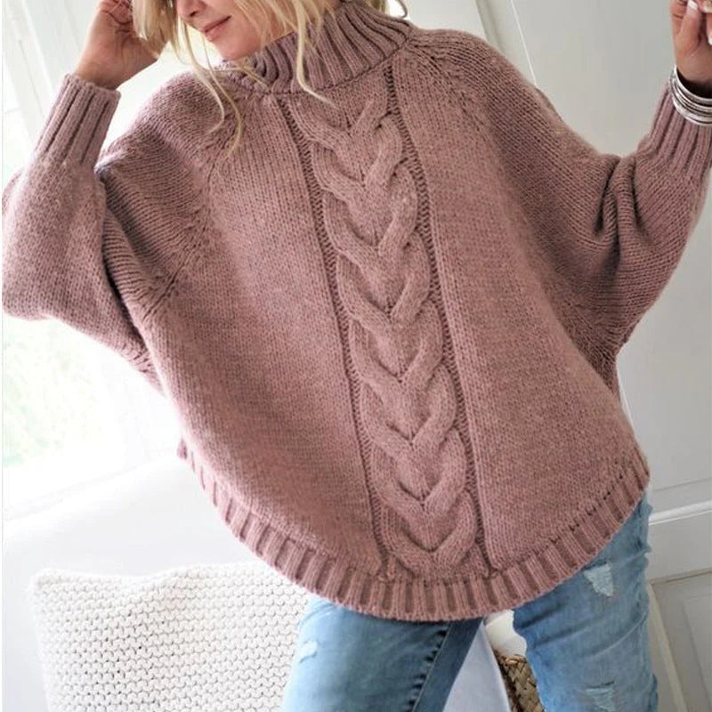 Sweater Women - Cable Knit Turtleneck with Batwing Sleeves