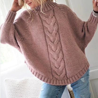 Sweater Women - Cable Knit Turtleneck with Batwing Sleeves