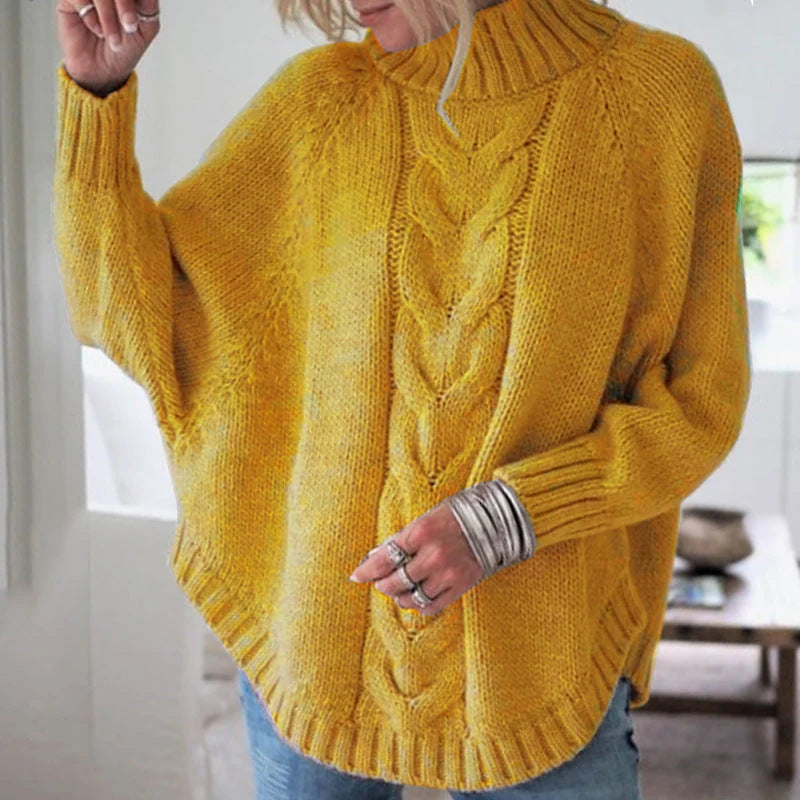 Sweater Women - Cable Knit Turtleneck with Batwing Sleeves