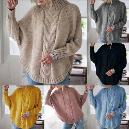 Sweater Women - Cable Knit Turtleneck with Batwing Sleeves