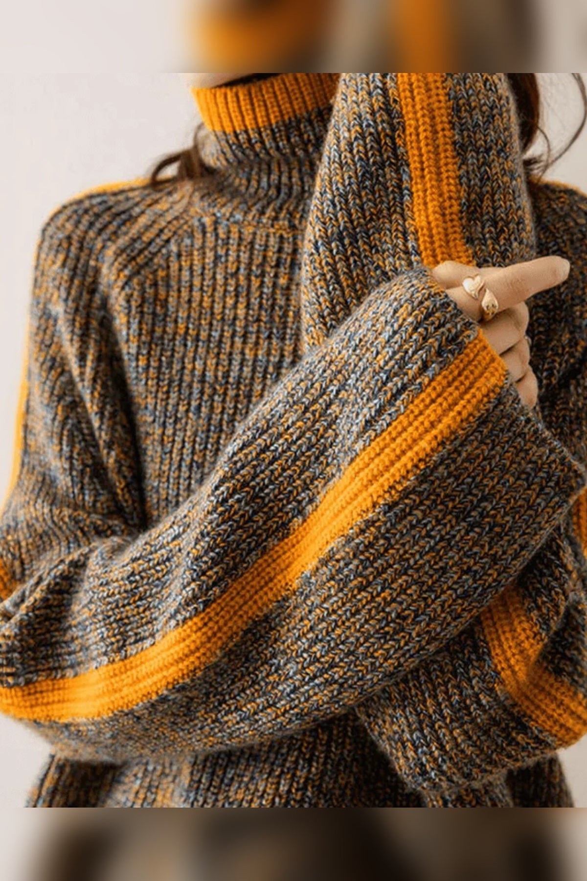 Sweater Women - Mixed Knit Roll Neck with Ribbed