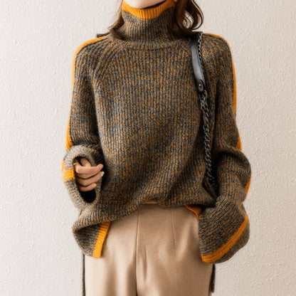 Sweater Women - Mixed Knit Roll Neck with Ribbed