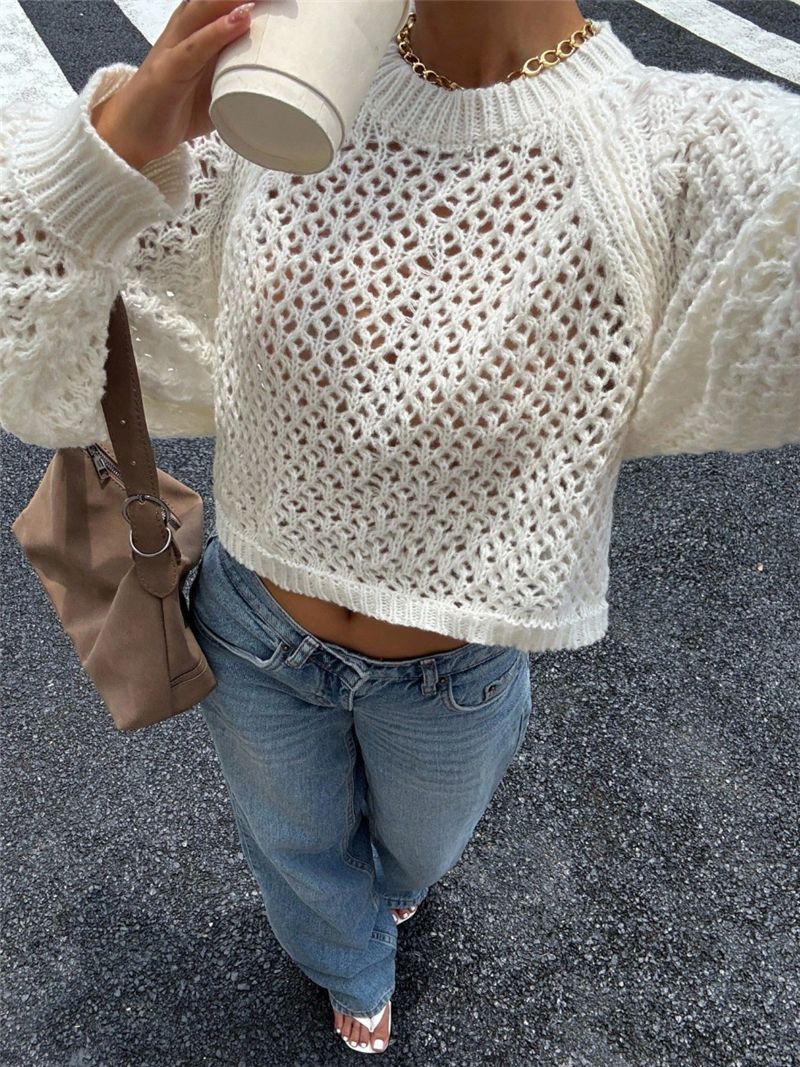 Sweater Women - Open Knit Jumper with Crew Neck and Backless Tie