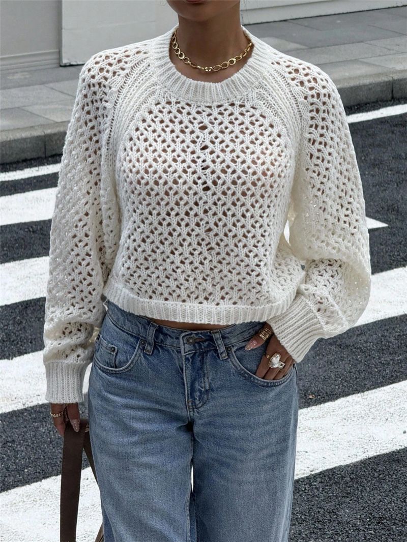 Sweater Women - Open Knit Jumper with Crew Neck and Backless Tie