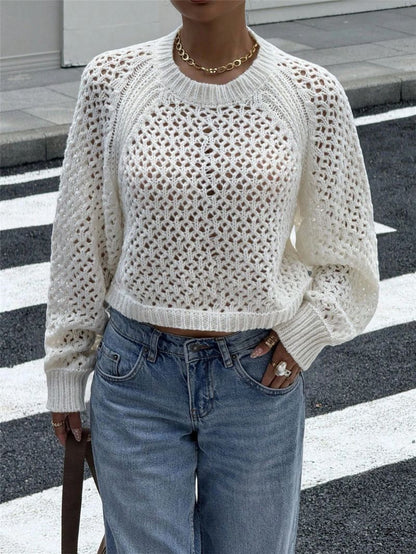 Sweater Women - Open Knit Jumper with Crew Neck and Backless Tie