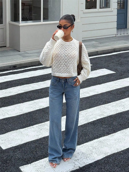 Sweater Women - Open Knit Jumper with Crew Neck and Backless Tie