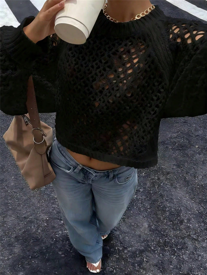 Sweater Women - Open Knit Jumper with Crew Neck and Backless Tie
