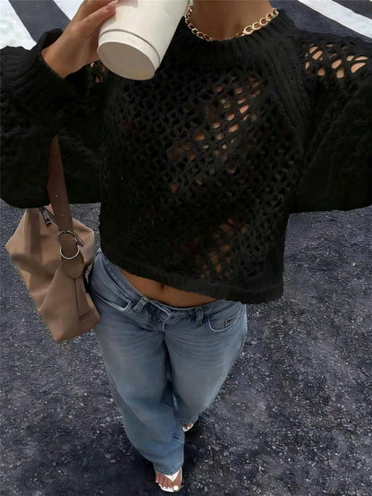 Sweater Women - Open Knit Jumper with Crew Neck and Backless Tie