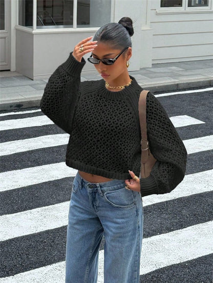 Sweater Women - Open Knit Jumper with Crew Neck and Backless Tie