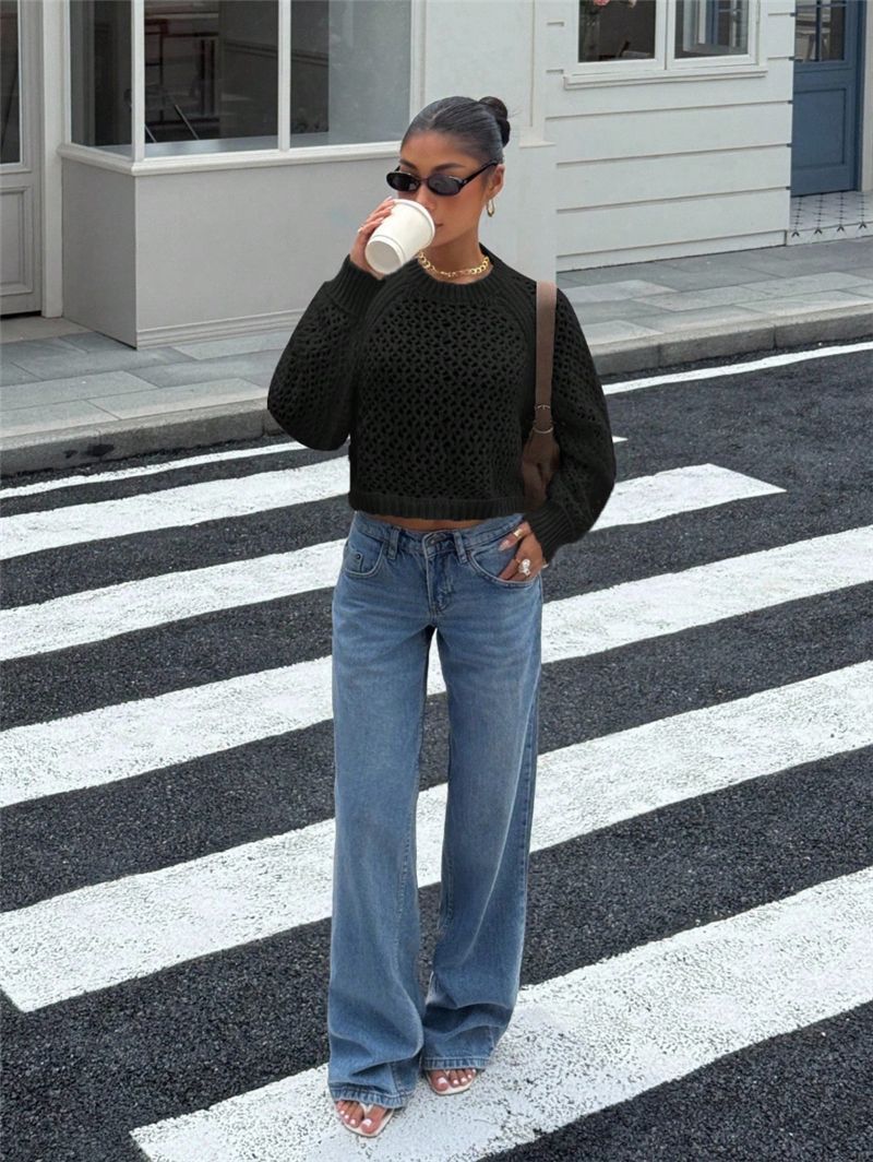 Sweater Women - Open Knit Jumper with Crew Neck and Backless Tie
