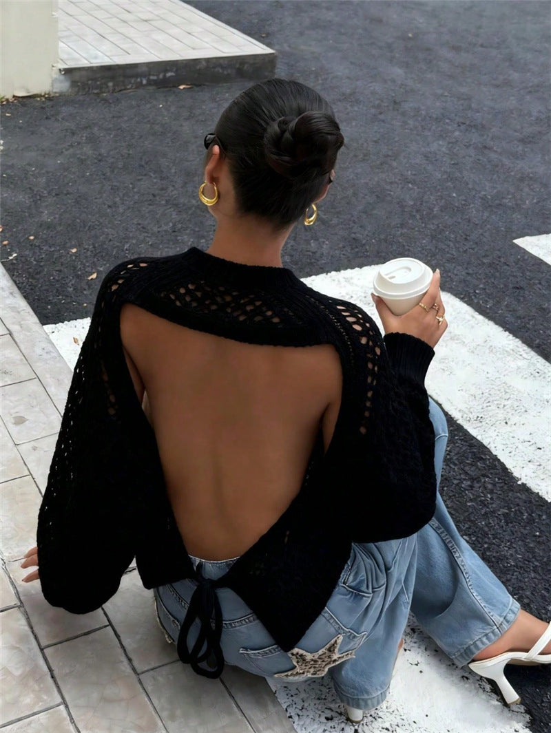 Sweater Women - Open Knit Jumper with Crew Neck and Backless Tie