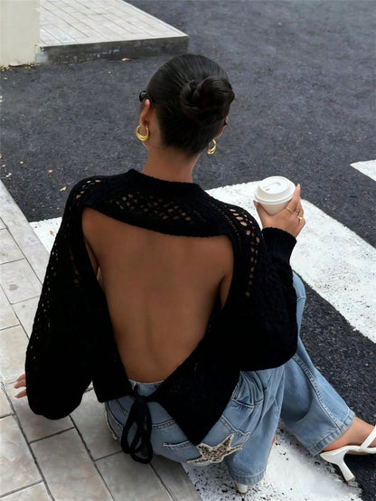 Sweater Women - Open Knit Jumper with Crew Neck and Backless Tie