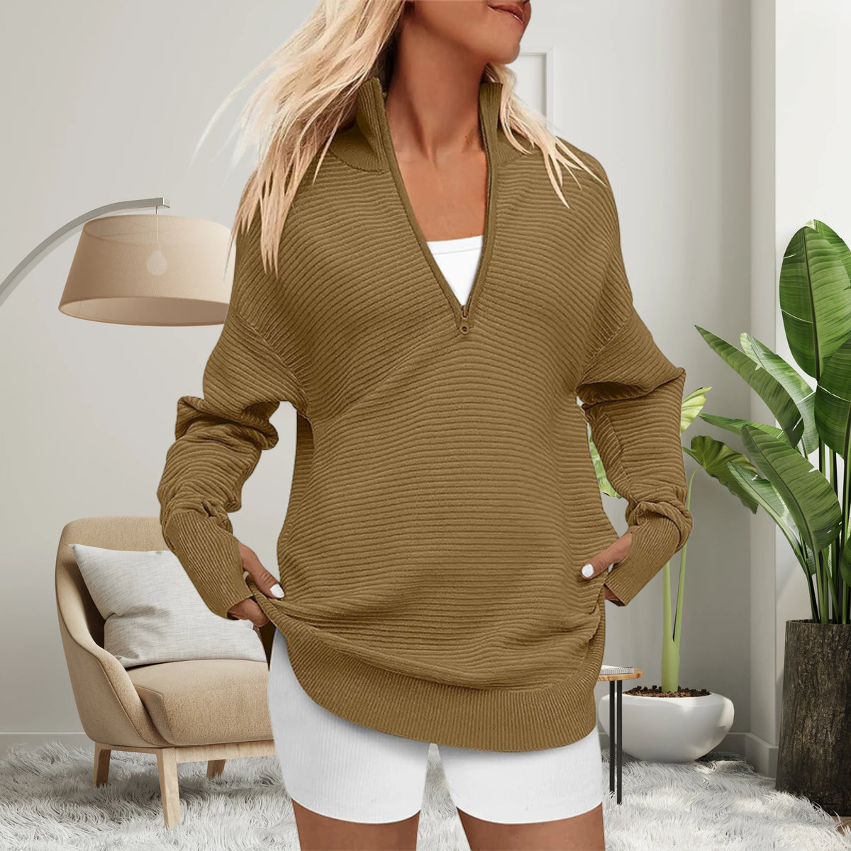 Sweater Women - Oversized Zip-Neck Longline Knit