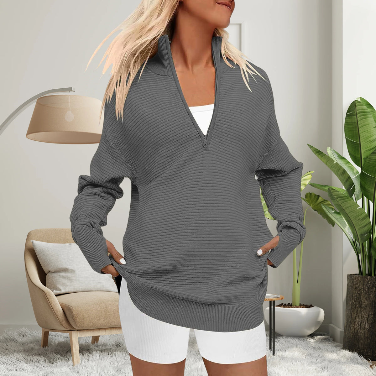 Sweater Women - Oversized Zip-Neck Longline Knit