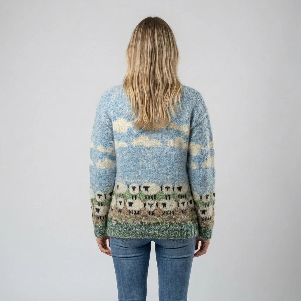 Sweater Women - Sheep Motif Knit with Round Neckline