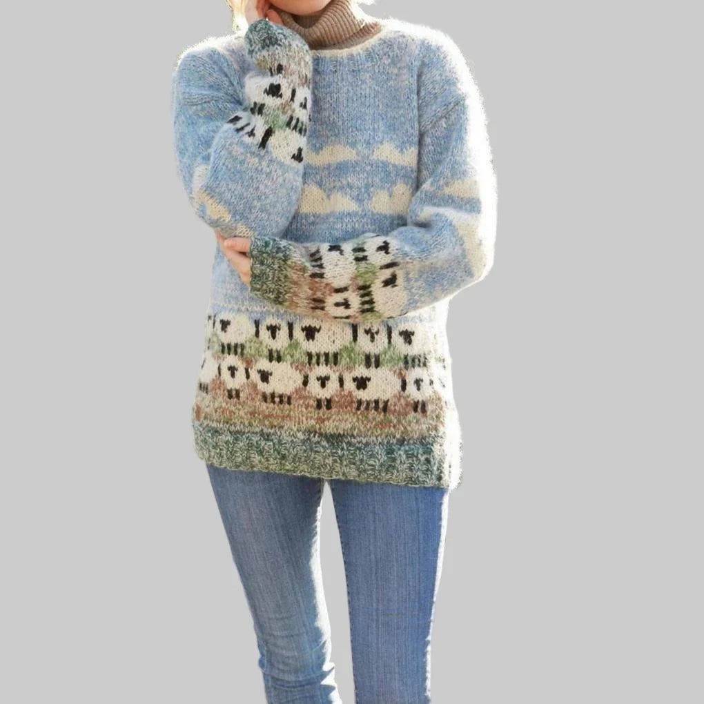 Sweater Women - Sheep Motif Knit with Round Neckline