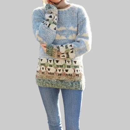 Sweater Women - Sheep Motif Knit with Round Neckline