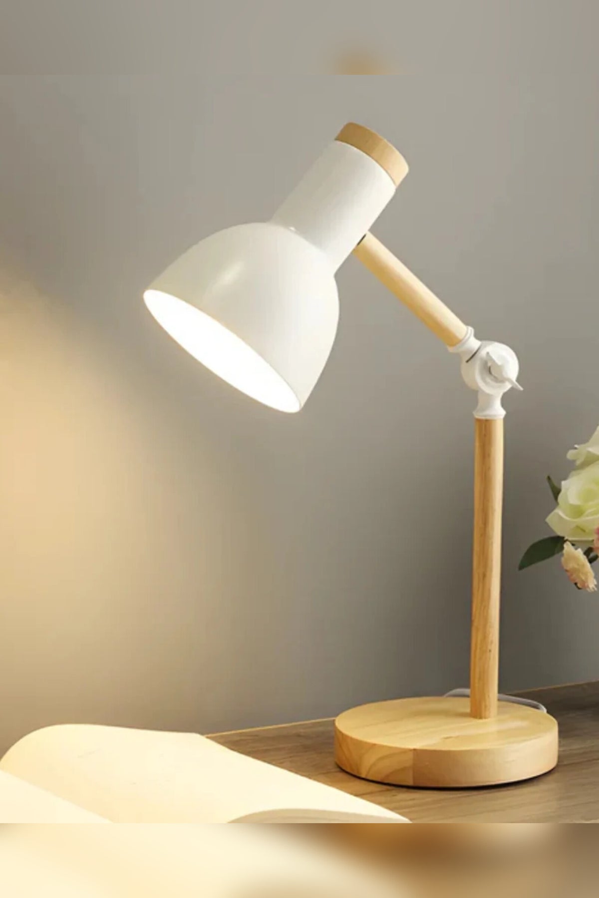 Task Table Lamp – adjustable arm, pivoting shade, wood metal