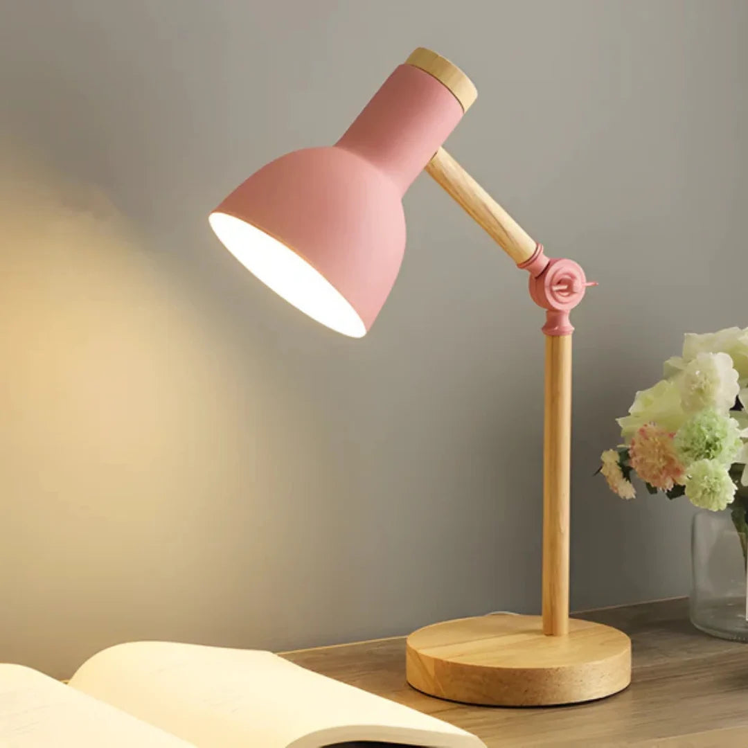 Task Table Lamp – adjustable arm, pivoting shade, wood metal