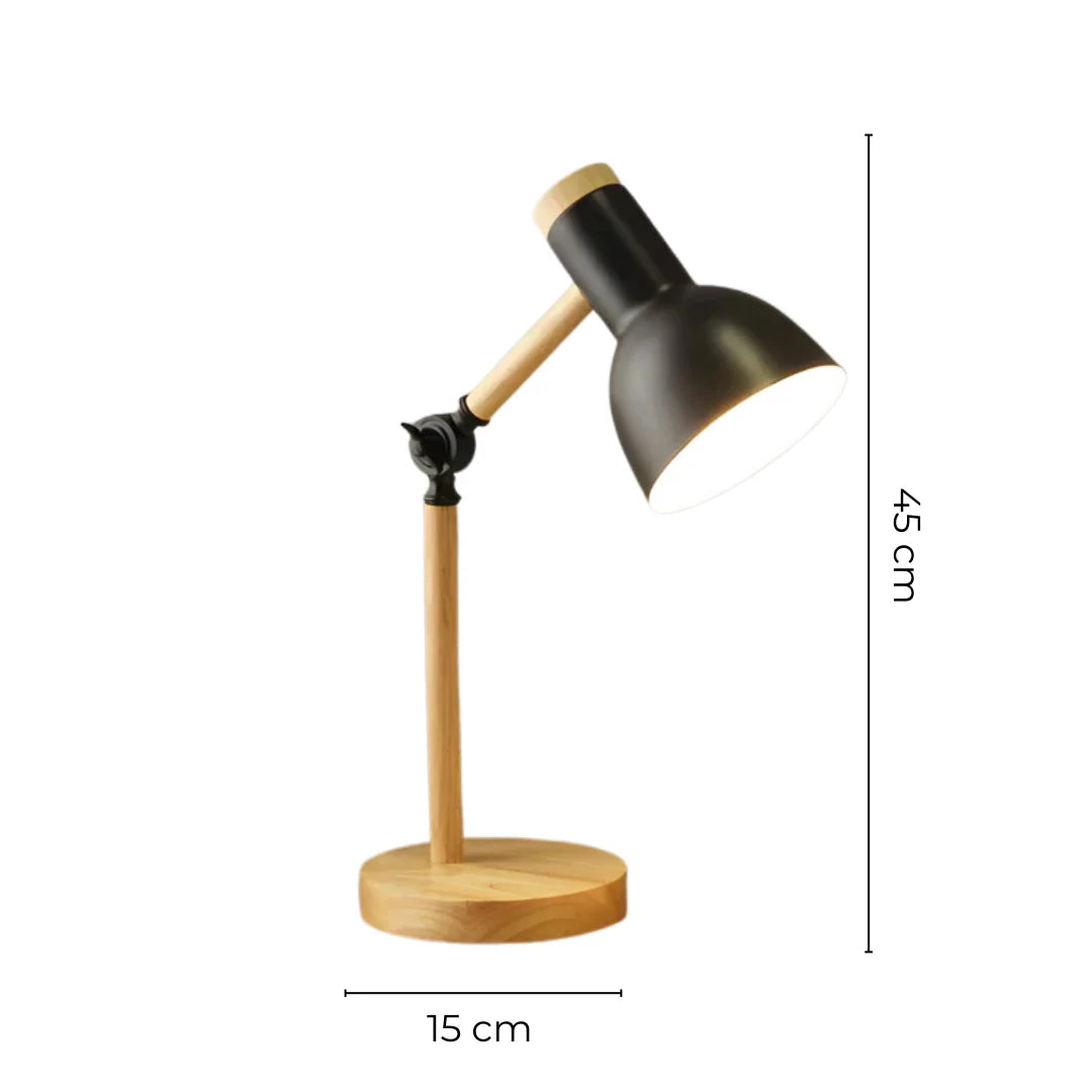 Task Table Lamp – adjustable arm, pivoting shade, wood metal