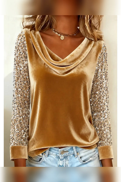 Top Women - Cowl Neck Top with Sequin Sleeves