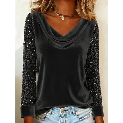 Top Women - Cowl Neck Top with Sequin Sleeves