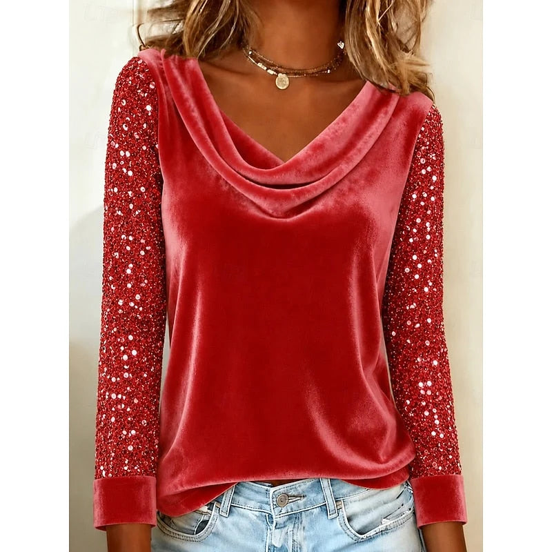 Top Women - Cowl Neck Top with Sequin Sleeves