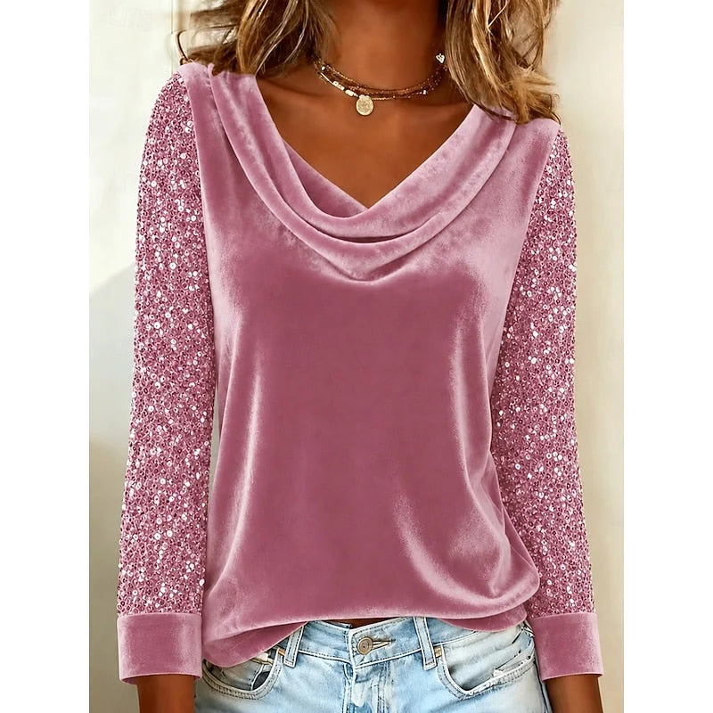Top Women - Cowl Neck Top with Sequin Sleeves