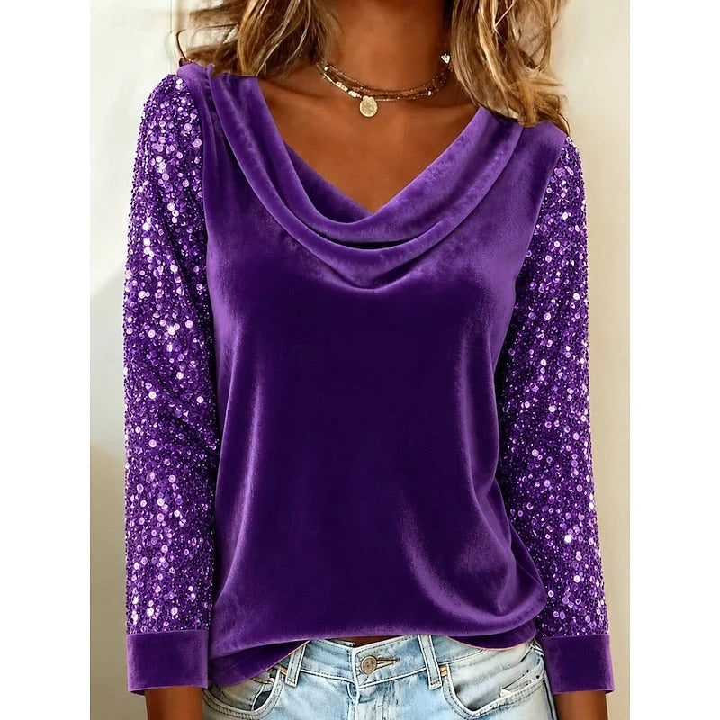 Top Women - Cowl Neck Top with Sequin Sleeves