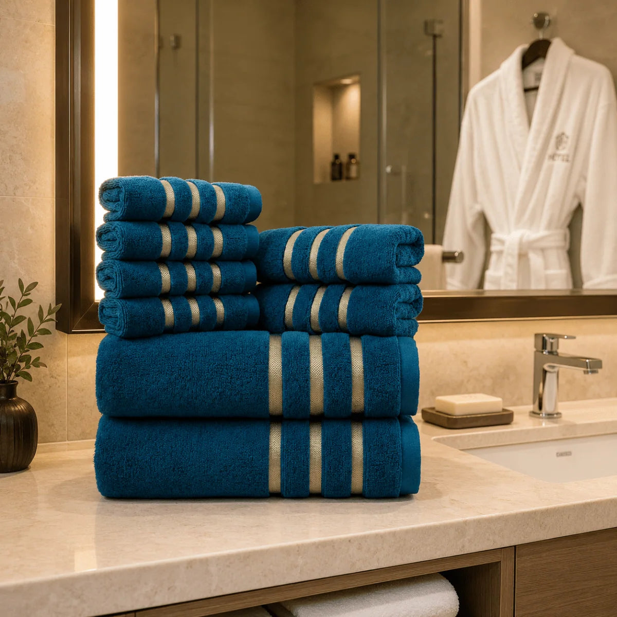 Towel Set with Gold Stripe – eight pieces, soft absorbent