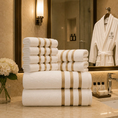 Towel Set with Gold Stripe – eight pieces, soft absorbent