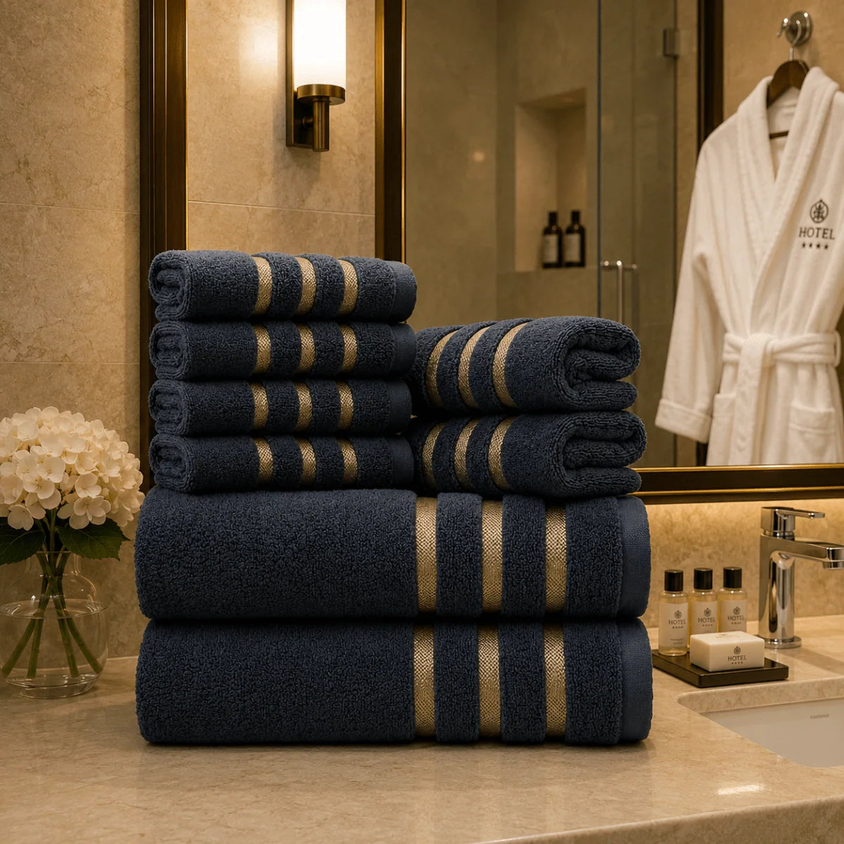 Towel Set with Gold Stripe – eight pieces, soft absorbent