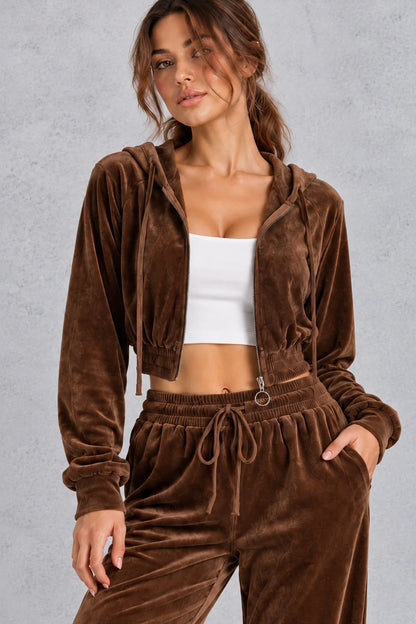 Tracksuit Women - Velvet Cropped Set with Hood and Wide Leg