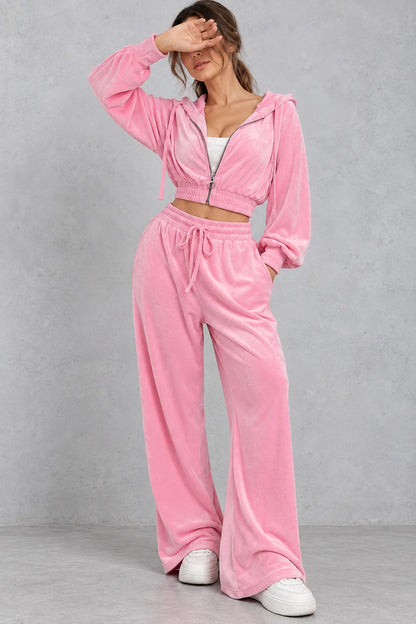 Tracksuit Women - Velvet Cropped Set with Hood and Wide Leg