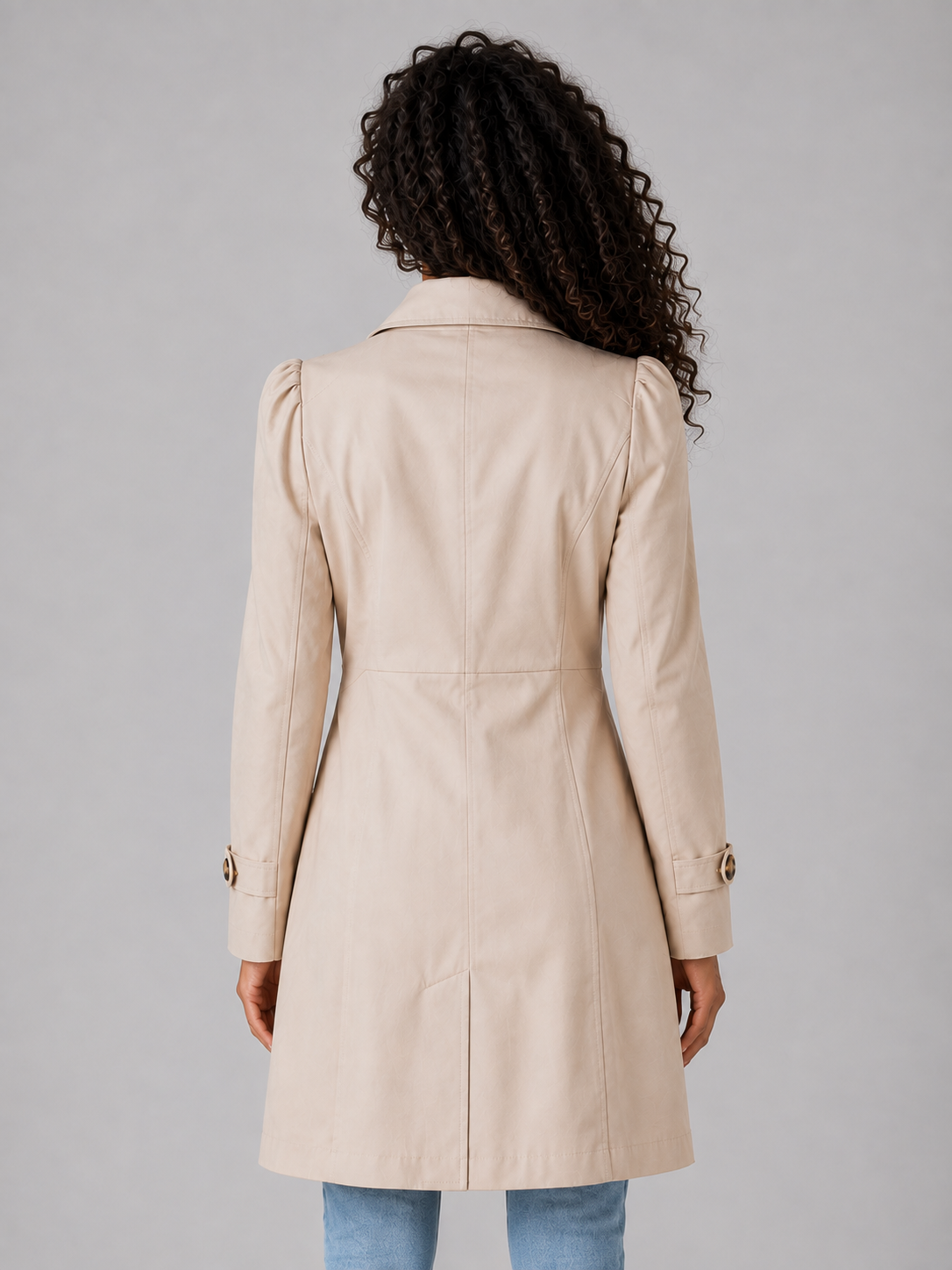 Trench Coat Women - Single-Breasted Trench Coat with Puff Shoulders and Cuff Tabs