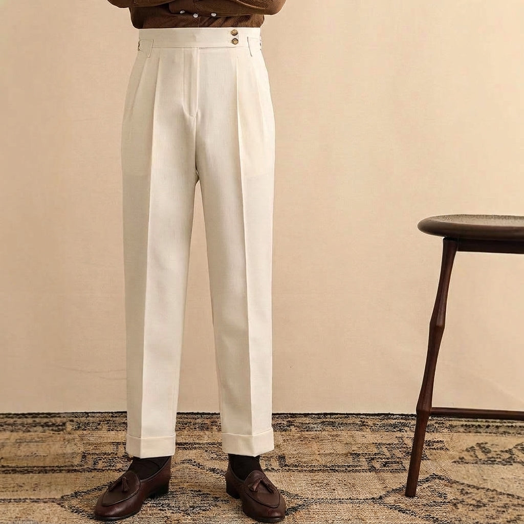 Trousers Men - Pleated High Waist with Turn-ups
