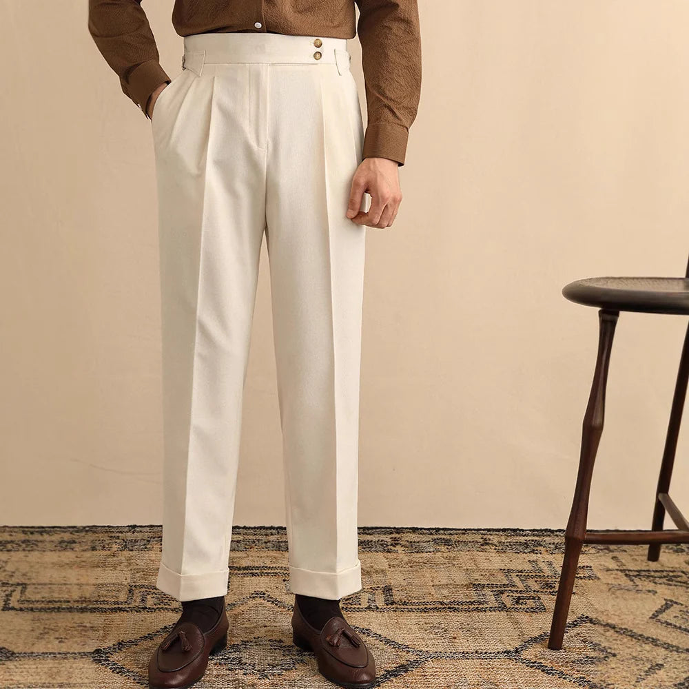 Trousers Men - Pleated High Waist with Turn-ups