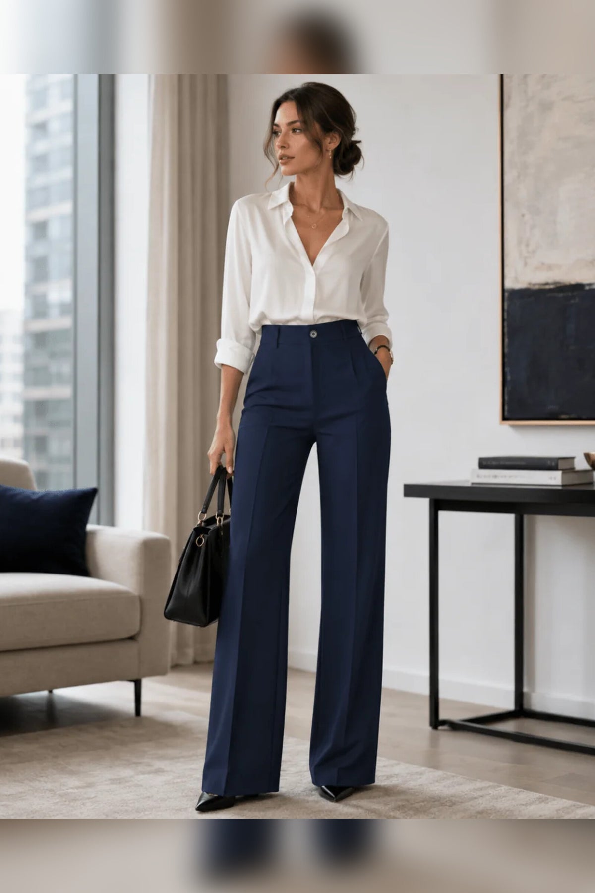 Trousers Women - High Waist Pleated Wide Leg Button
