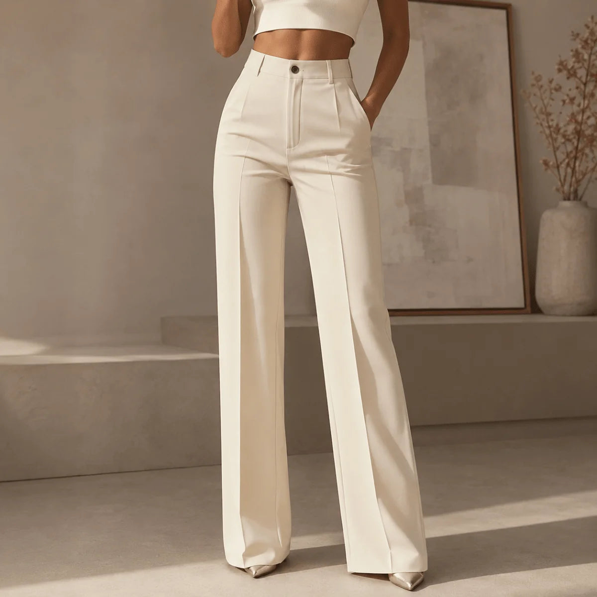 Trousers Women - High Waist Pleated Wide Leg Button
