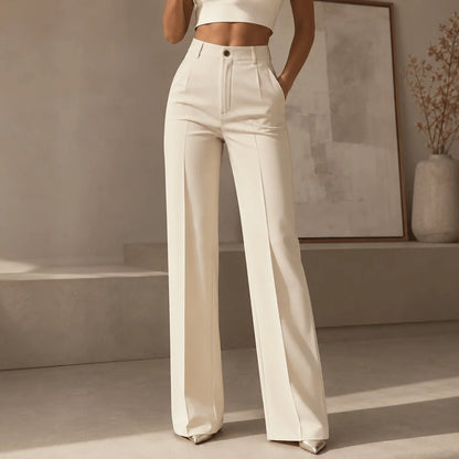 Trousers Women - High Waist Pleated Wide Leg Button