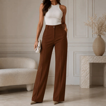Trousers Women - High Waist Pleated Wide Leg Button